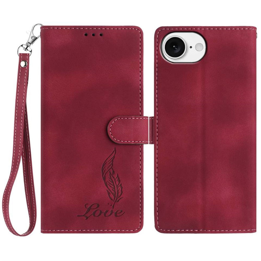For iPhone 17e / 16e Case Imprinted Feather PU Leather Wallet Phone Cover with Wrist Strap