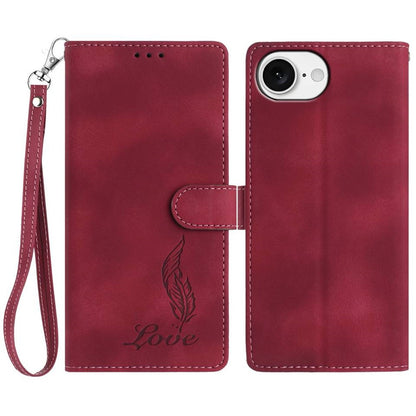 For iPhone 17e / 16e Case Imprinted Feather PU Leather Wallet Phone Cover with Wrist Strap