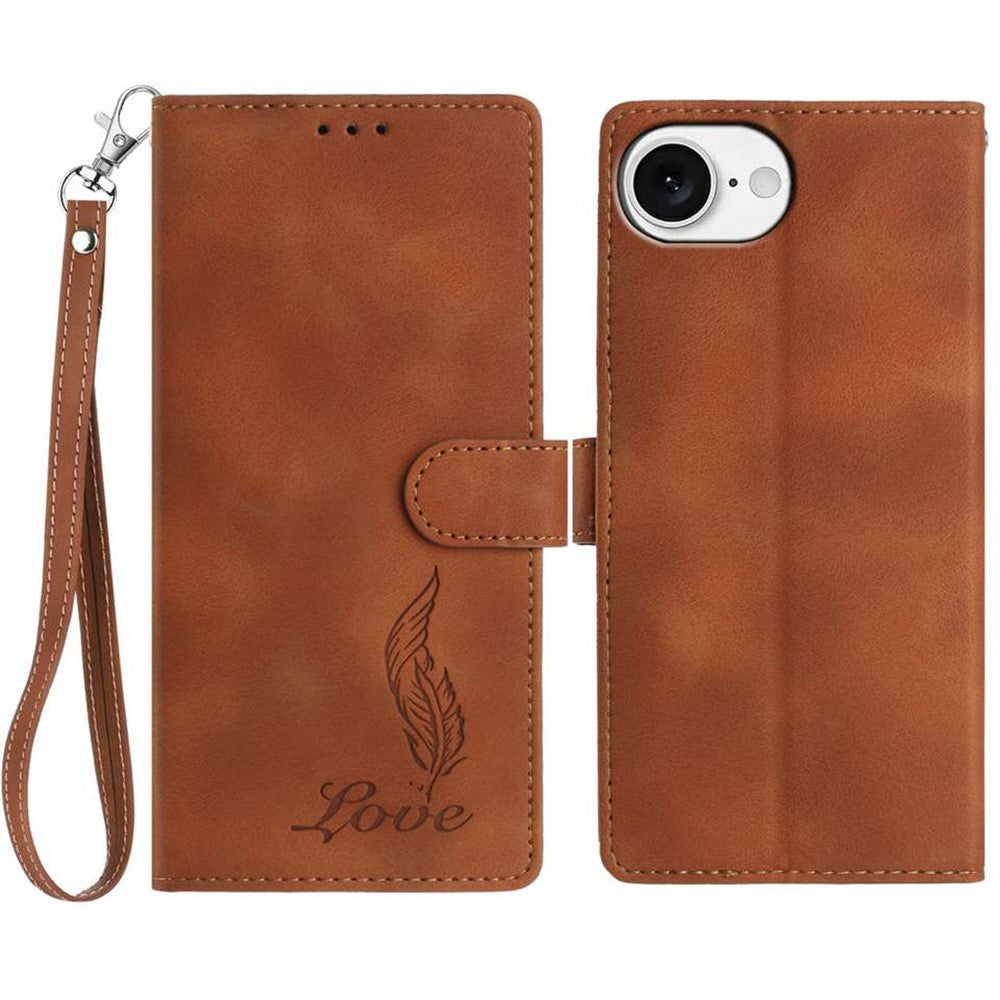 For iPhone 17e / 16e Case Imprinted Feather PU Leather Wallet Phone Cover with Wrist Strap