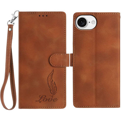 For iPhone 17e / 16e Case Imprinted Feather PU Leather Wallet Phone Cover with Wrist Strap