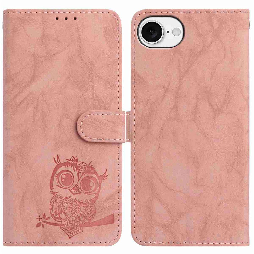 For iPhone 17e / 16e Case Owl Imprinted PU Leather Wallet Phone Cover with Wrist Strap