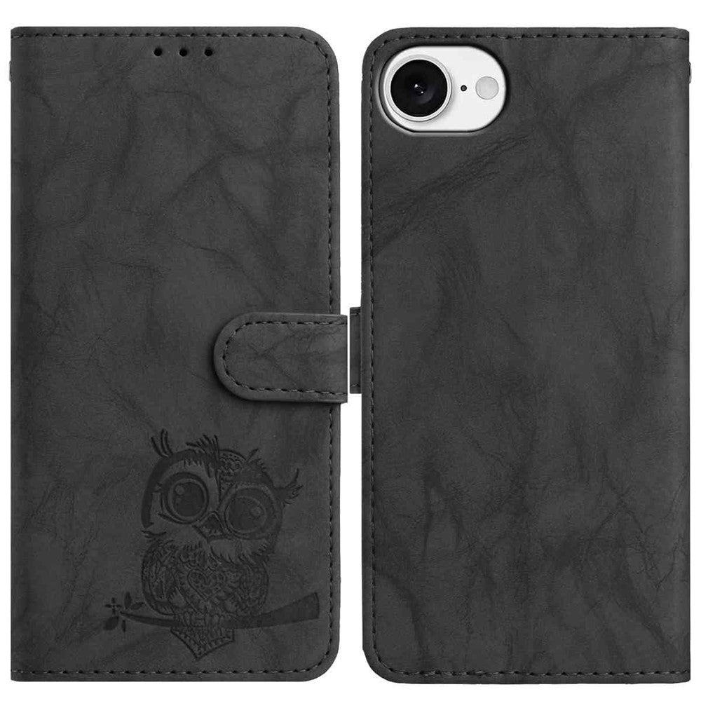 For iPhone 17e / 16e Case Owl Imprinted PU Leather Wallet Phone Cover with Wrist Strap