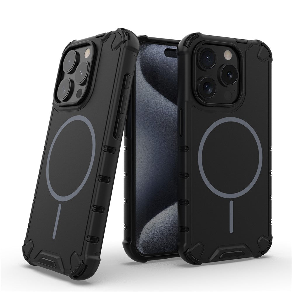 For iPhone 15 Pro Max Magnetic Case Corrugated Texture Heat Dissipation Shockproof TPU + PC Phone Back Cover