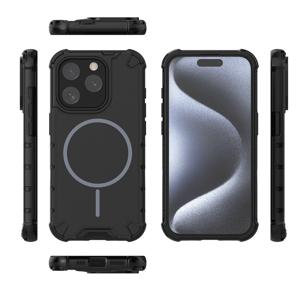 For iPhone 15 Pro Max Magnetic Case Corrugated Texture Heat Dissipation Shockproof TPU + PC Phone Back Cover