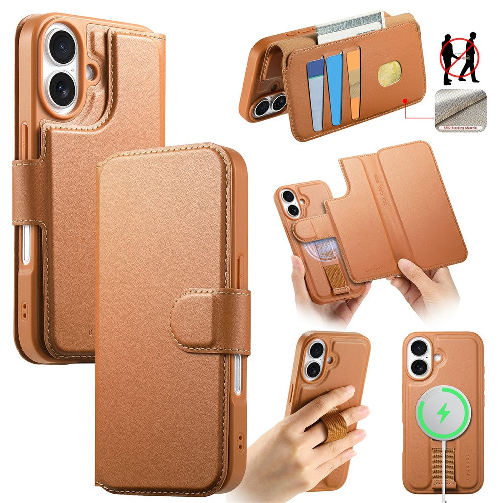 CASENEO For iPhone 16 Magnetic Case RFID Blocking Wallet Detachable Leather Phone Cover with Wristband
