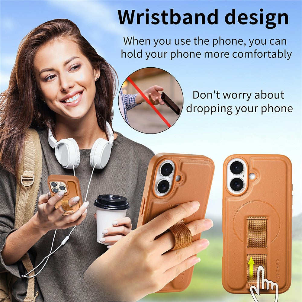 CASENEO For iPhone 16 Magnetic Case RFID Blocking Wallet Detachable Leather Phone Cover with Wristband
