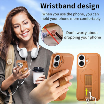 CASENEO For iPhone 16 Magnetic Case RFID Blocking Wallet Detachable Leather Phone Cover with Wristband