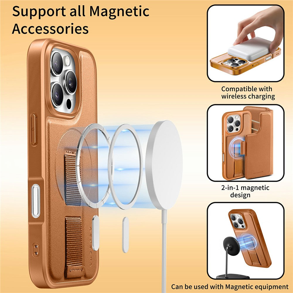 CASENEO For iPhone 16 Magnetic Case RFID Blocking Wallet Detachable Leather Phone Cover with Wristband