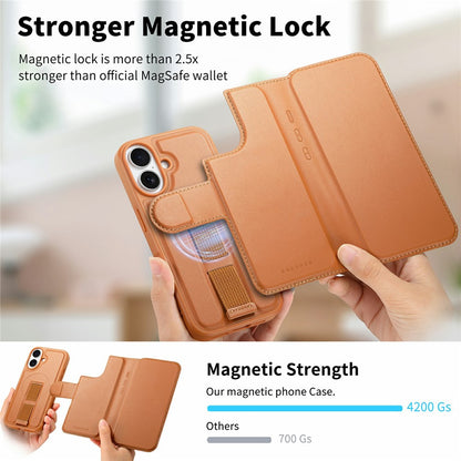 CASENEO For iPhone 16 Magnetic Case RFID Blocking Wallet Detachable Leather Phone Cover with Wristband