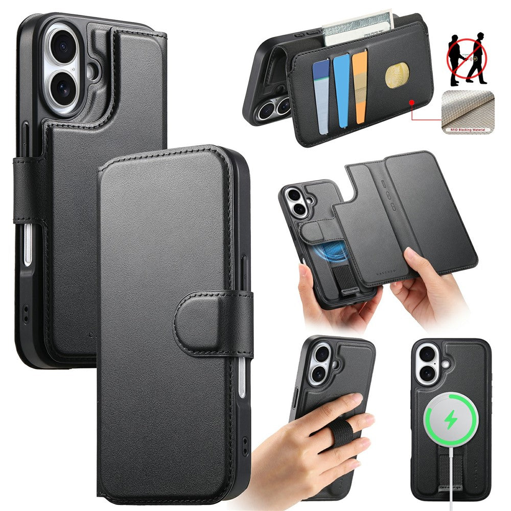 CASENEO For iPhone 16 Magnetic Case RFID Blocking Wallet Detachable Leather Phone Cover with Wristband