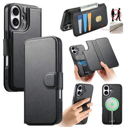 CASENEO For iPhone 16 Magnetic Case RFID Blocking Wallet Detachable Leather Phone Cover with Wristband