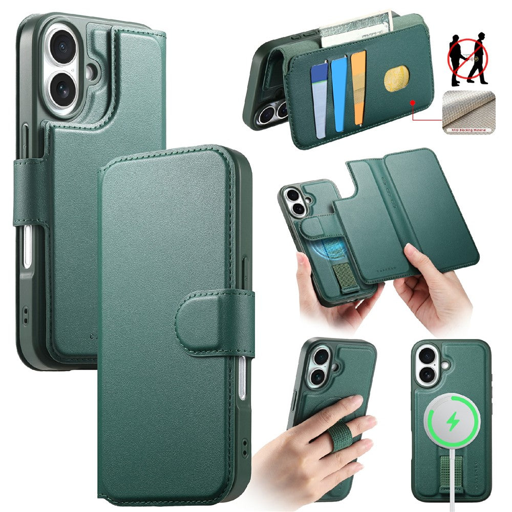 CASENEO For iPhone 16 Magnetic Case RFID Blocking Wallet Detachable Leather Phone Cover with Wristband