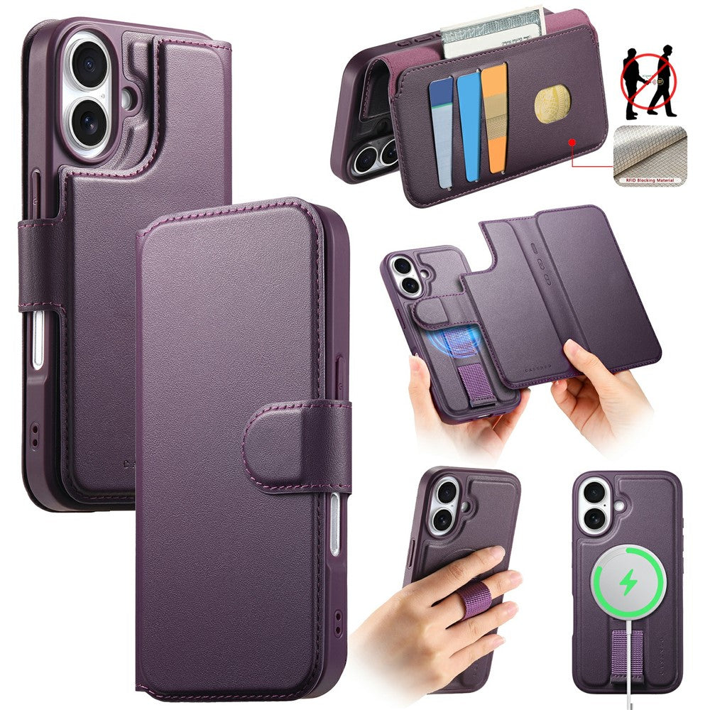 CASENEO For iPhone 16 Magnetic Case RFID Blocking Wallet Detachable Leather Phone Cover with Wristband