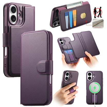 CASENEO For iPhone 16 Magnetic Case RFID Blocking Wallet Detachable Leather Phone Cover with Wristband