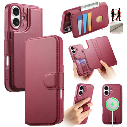 CASENEO For iPhone 16 Magnetic Case RFID Blocking Wallet Detachable Leather Phone Cover with Wristband