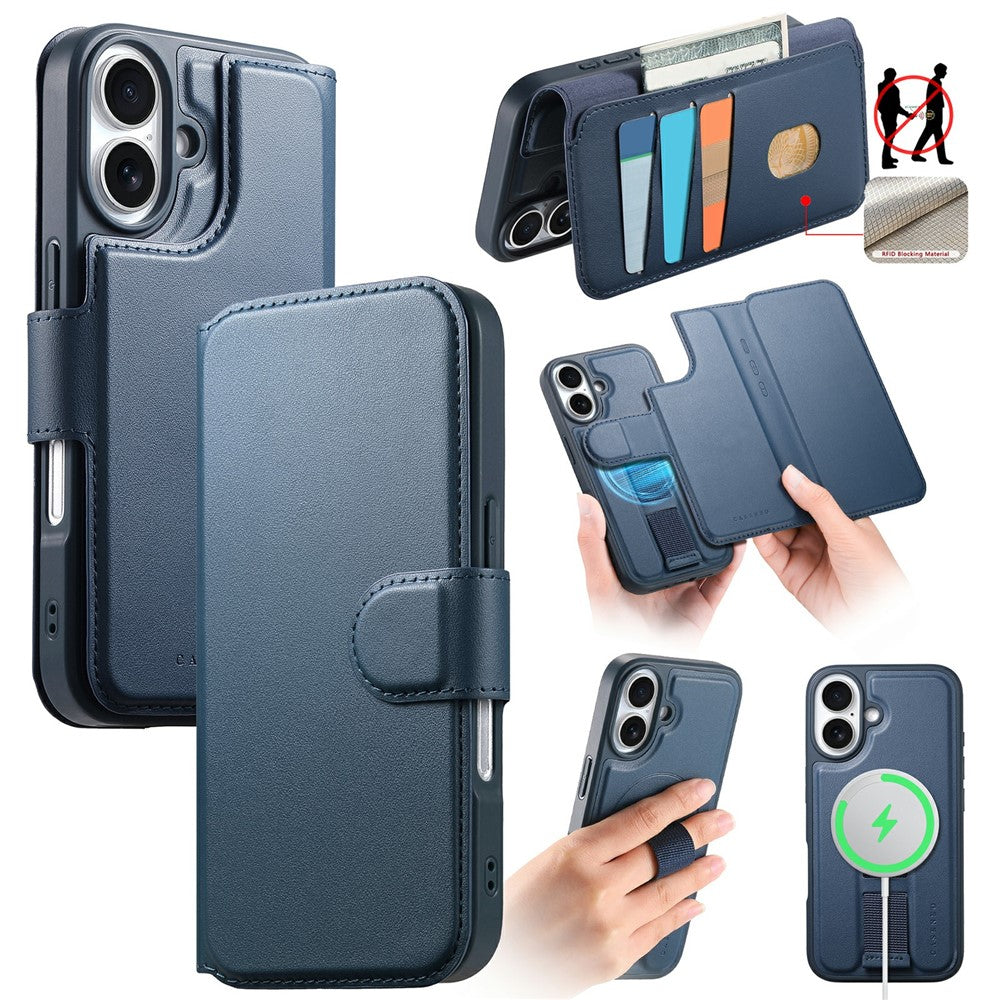 CASENEO For iPhone 16 Magnetic Case RFID Blocking Wallet Detachable Leather Phone Cover with Wristband