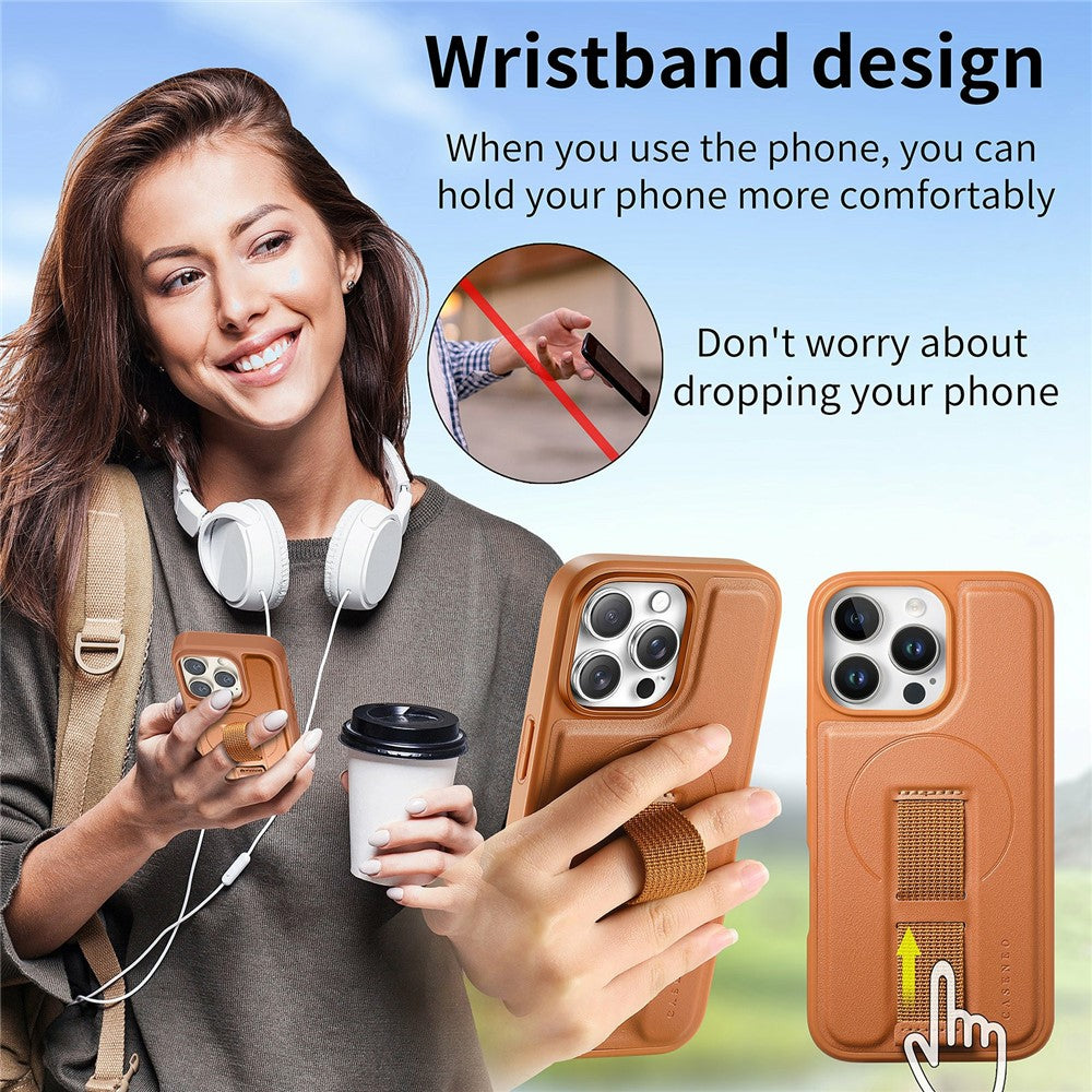 CASENEO For iPhone 15 Pro Magnetic Case RFID Blocking Wallet Detachable Leather Phone Cover with Wristband