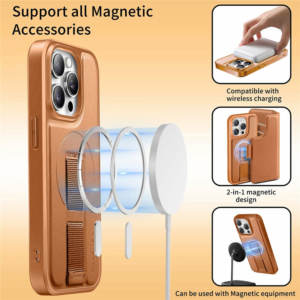 CASENEO For iPhone 15 Pro Magnetic Case RFID Blocking Wallet Detachable Leather Phone Cover with Wristband