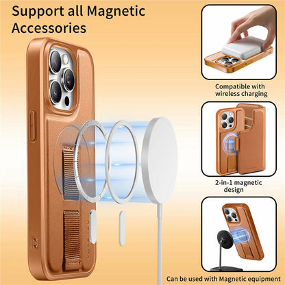 CASENEO For iPhone 15 Pro Magnetic Case RFID Blocking Wallet Detachable Leather Phone Cover with Wristband