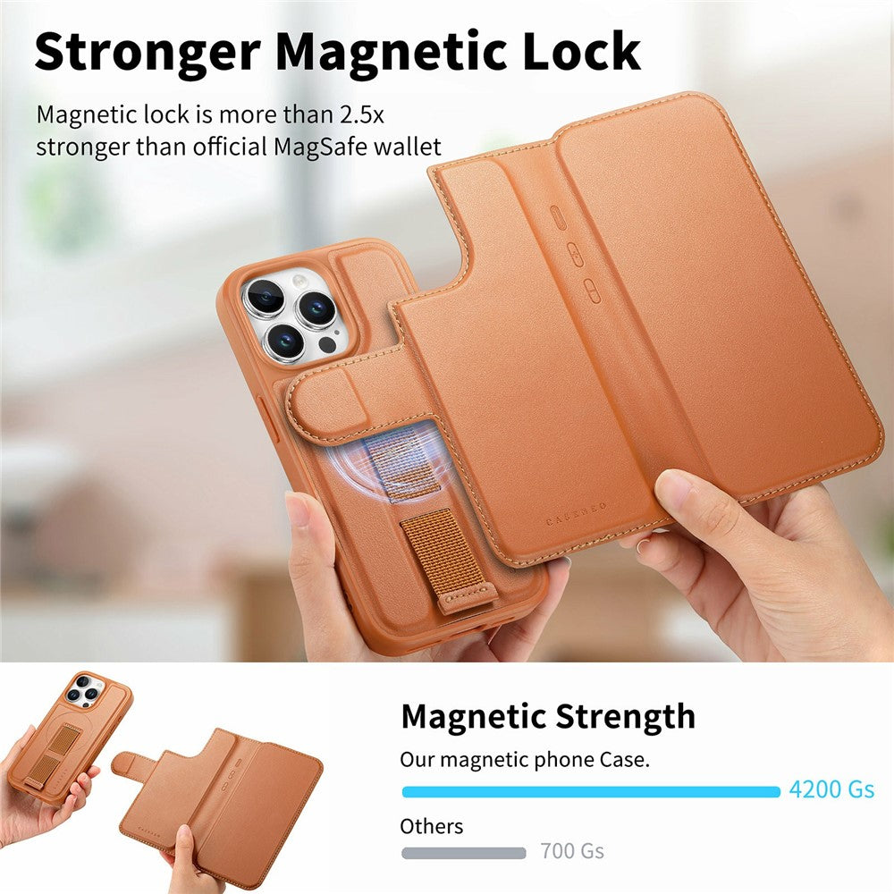 CASENEO For iPhone 15 Pro Magnetic Case RFID Blocking Wallet Detachable Leather Phone Cover with Wristband