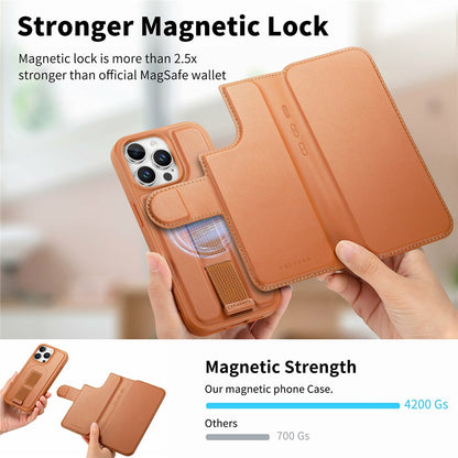 CASENEO For iPhone 15 Pro Magnetic Case RFID Blocking Wallet Detachable Leather Phone Cover with Wristband