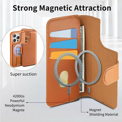 CASENEO For iPhone 15 Pro Magnetic Case RFID Blocking Wallet Detachable Leather Phone Cover with Wristband