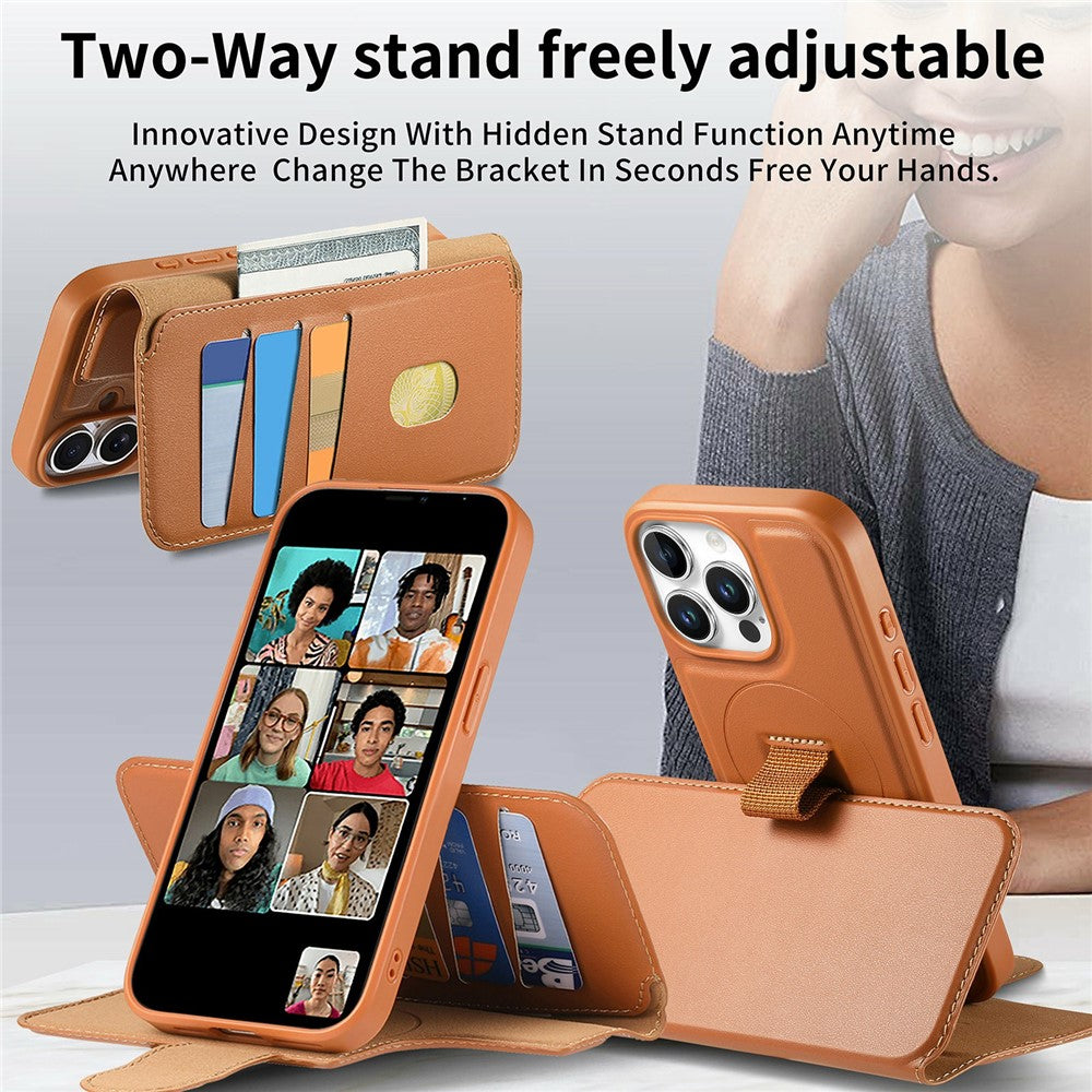 CASENEO For iPhone 15 Pro Magnetic Case RFID Blocking Wallet Detachable Leather Phone Cover with Wristband