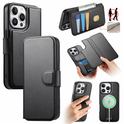 CASENEO For iPhone 15 Pro Magnetic Case RFID Blocking Wallet Detachable Leather Phone Cover with Wristband