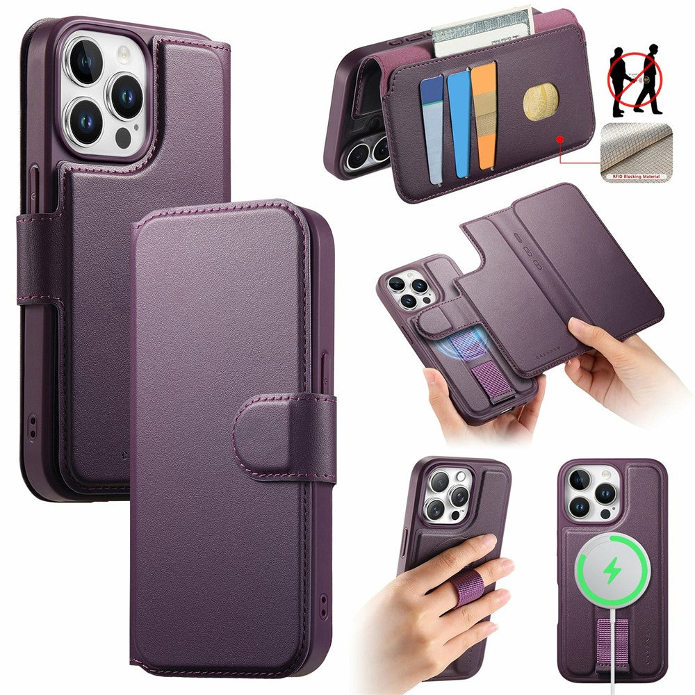 CASENEO For iPhone 15 Pro Magnetic Case RFID Blocking Wallet Detachable Leather Phone Cover with Wristband