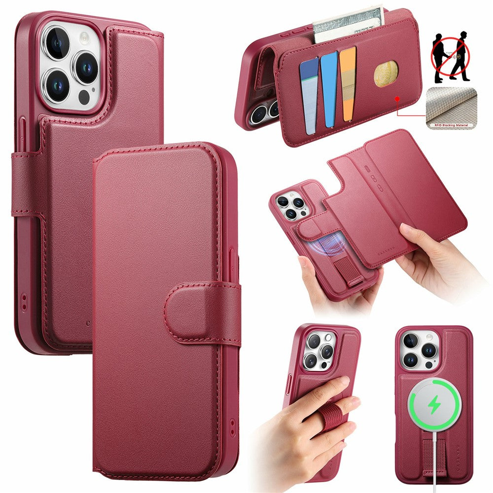 CASENEO For iPhone 15 Pro Magnetic Case RFID Blocking Wallet Detachable Leather Phone Cover with Wristband