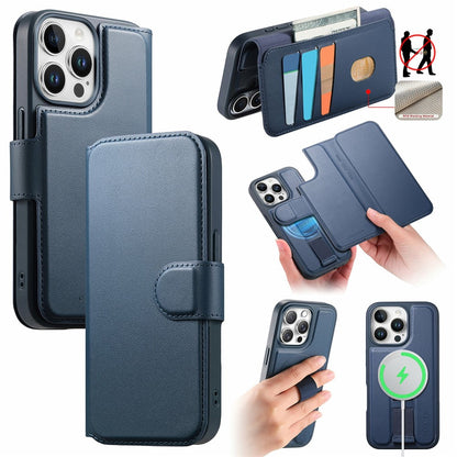 CASENEO For iPhone 15 Pro Magnetic Case RFID Blocking Wallet Detachable Leather Phone Cover with Wristband