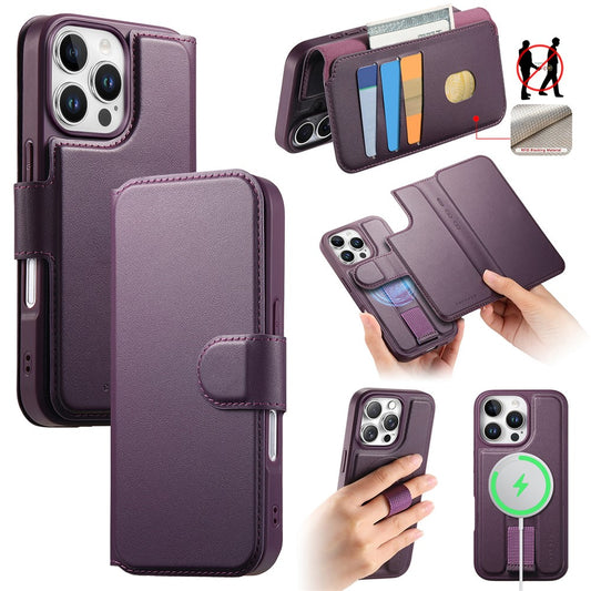 CASENEO For iPhone 16 Pro Magnetic Case RFID Blocking Wallet Detachable Leather Phone Cover with Wristband