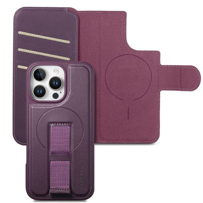 CASENEO For iPhone 16 Pro Magnetic Case RFID Blocking Wallet Detachable Leather Phone Cover with Wristband