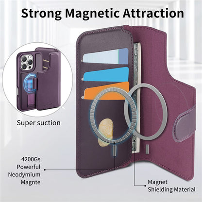 CASENEO For iPhone 16 Pro Magnetic Case RFID Blocking Wallet Detachable Leather Phone Cover with Wristband