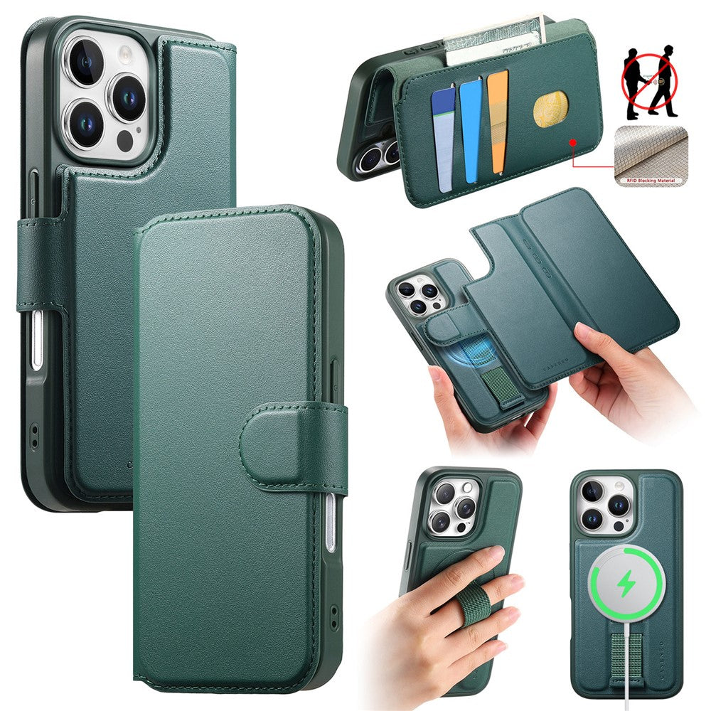 CASENEO For iPhone 16 Pro Magnetic Case RFID Blocking Wallet Detachable Leather Phone Cover with Wristband