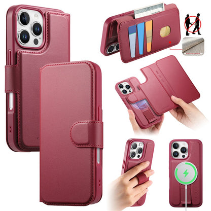 CASENEO For iPhone 16 Pro Magnetic Case RFID Blocking Wallet Detachable Leather Phone Cover with Wristband