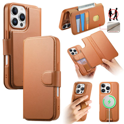 CASENEO For iPhone 16 Pro Magnetic Case RFID Blocking Wallet Detachable Leather Phone Cover with Wristband