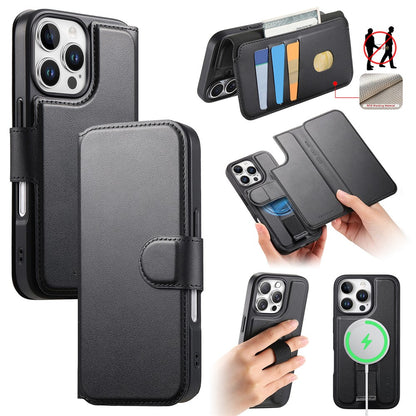 CASENEO For iPhone 16 Pro Magnetic Case RFID Blocking Wallet Detachable Leather Phone Cover with Wristband
