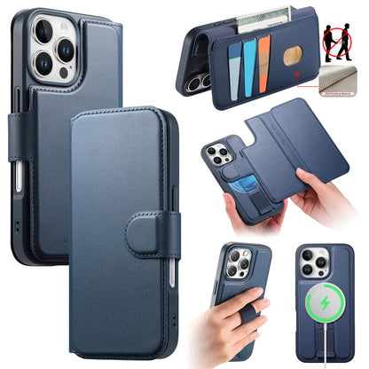 CASENEO For iPhone 16 Pro Magnetic Case RFID Blocking Wallet Detachable Leather Phone Cover with Wristband