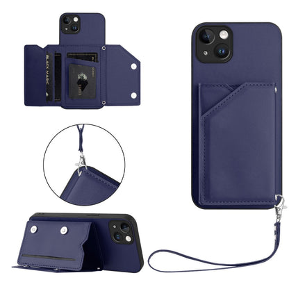 For iPhone 15 Plus Case Card Holder Kickstand Skin-Touch Phone Cover with Wrist Strap