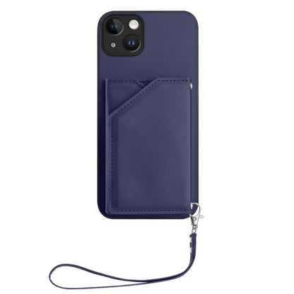 For iPhone 15 Plus Case Card Holder Kickstand Skin-Touch Phone Cover with Wrist Strap