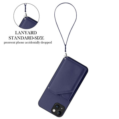 For iPhone 15 Plus Case Card Holder Kickstand Skin-Touch Phone Cover with Wrist Strap