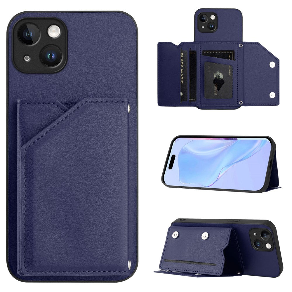 For iPhone 15 Plus Case Card Holder Kickstand Skin-Touch Phone Cover with Wrist Strap