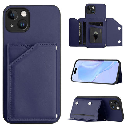 For iPhone 15 Plus Case Card Holder Kickstand Skin-Touch Phone Cover with Wrist Strap