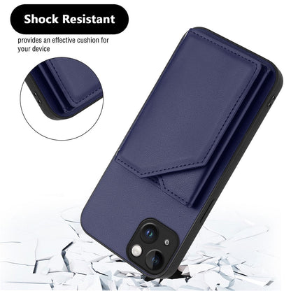 For iPhone 15 Plus Case Card Holder Kickstand Skin-Touch Phone Cover with Wrist Strap
