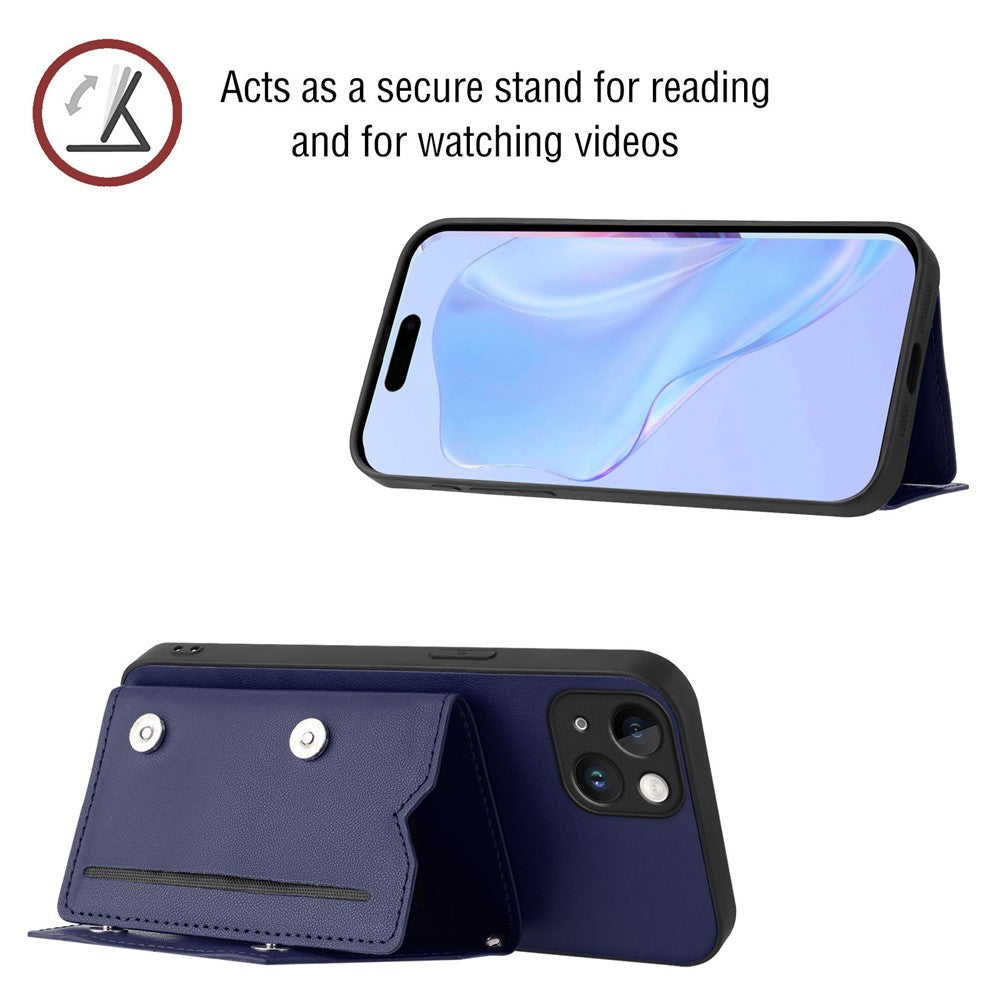 For iPhone 15 Plus Case Card Holder Kickstand Skin-Touch Phone Cover with Wrist Strap