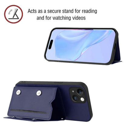 For iPhone 15 Plus Case Card Holder Kickstand Skin-Touch Phone Cover with Wrist Strap