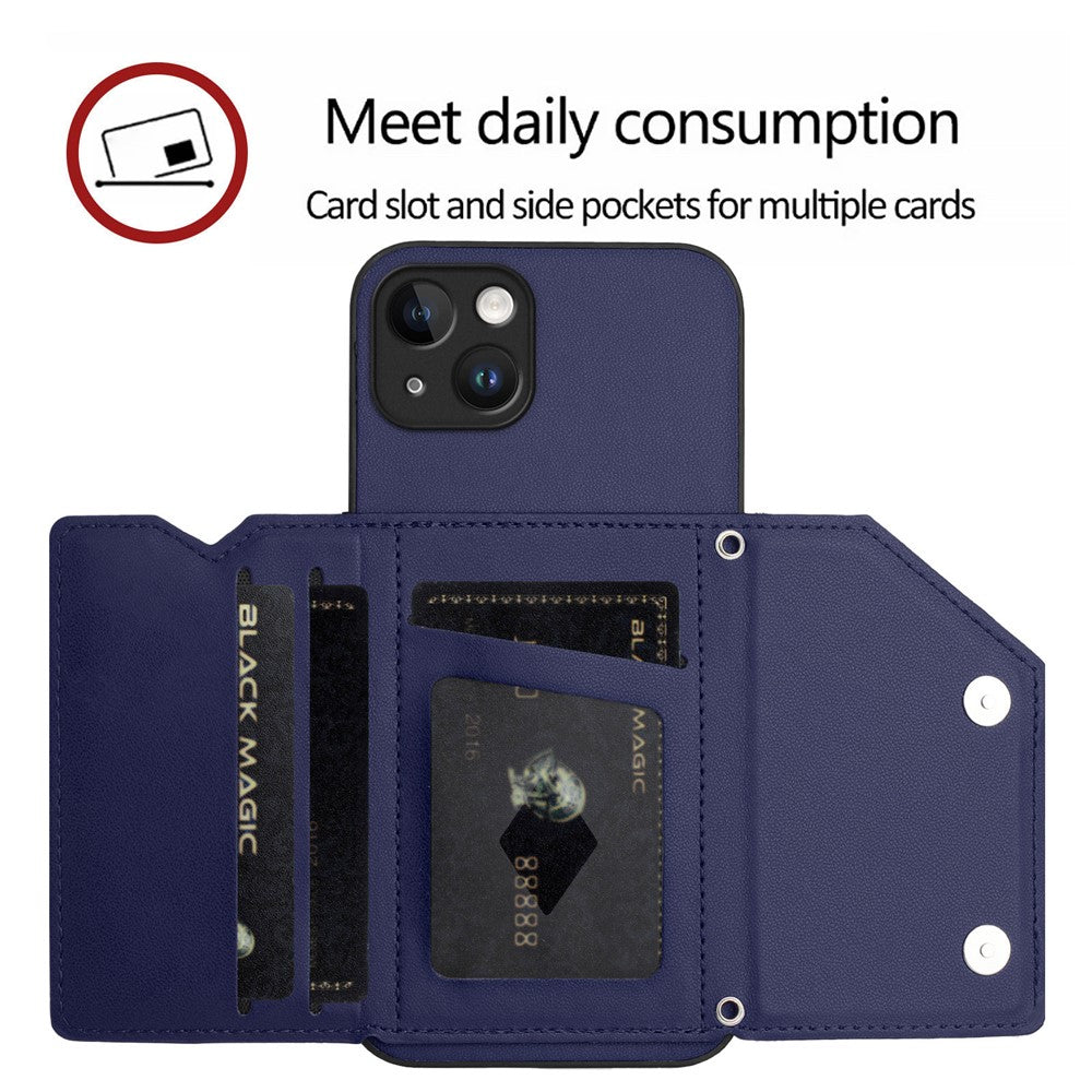 For iPhone 15 Plus Case Card Holder Kickstand Skin-Touch Phone Cover with Wrist Strap