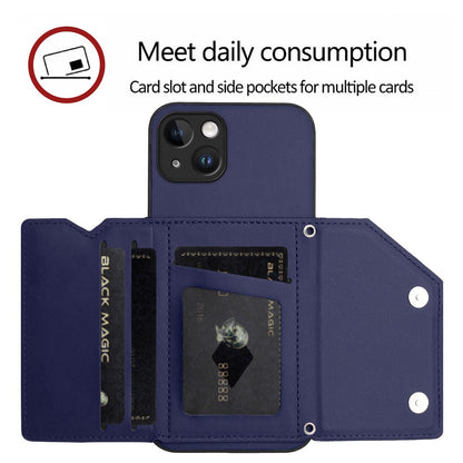 For iPhone 15 Plus Case Card Holder Kickstand Skin-Touch Phone Cover with Wrist Strap