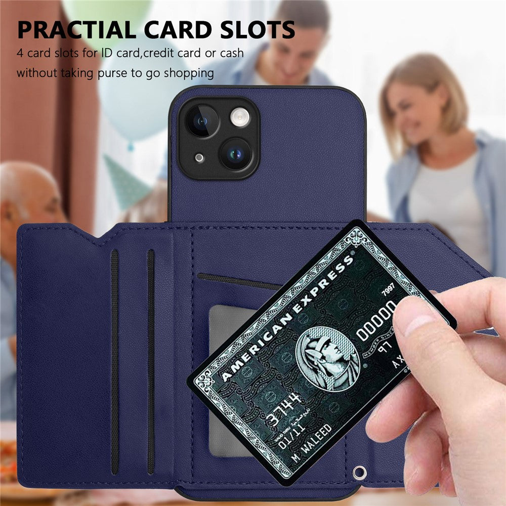 For iPhone 15 Plus Case Card Holder Kickstand Skin-Touch Phone Cover with Wrist Strap